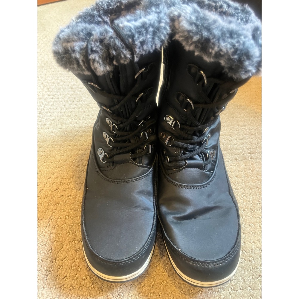 Sporto Womens Black Faux Fur Trim Lace Up Side Zip Winter Snow Boots Size 8M